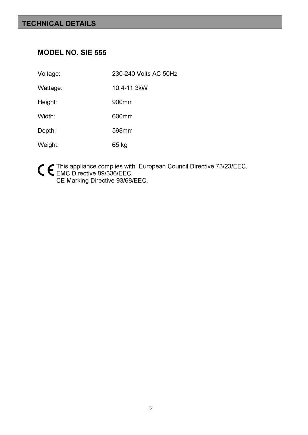 Tricity Bendix SIE555 installation instructions Technical Details Model NO. SIE 