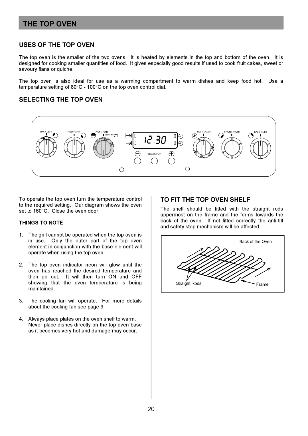 Tricity Bendix SIE555 Uses of the TOP Oven, Selecting the TOP Oven, To FIT the TOP Oven Shelf, Things to Note 