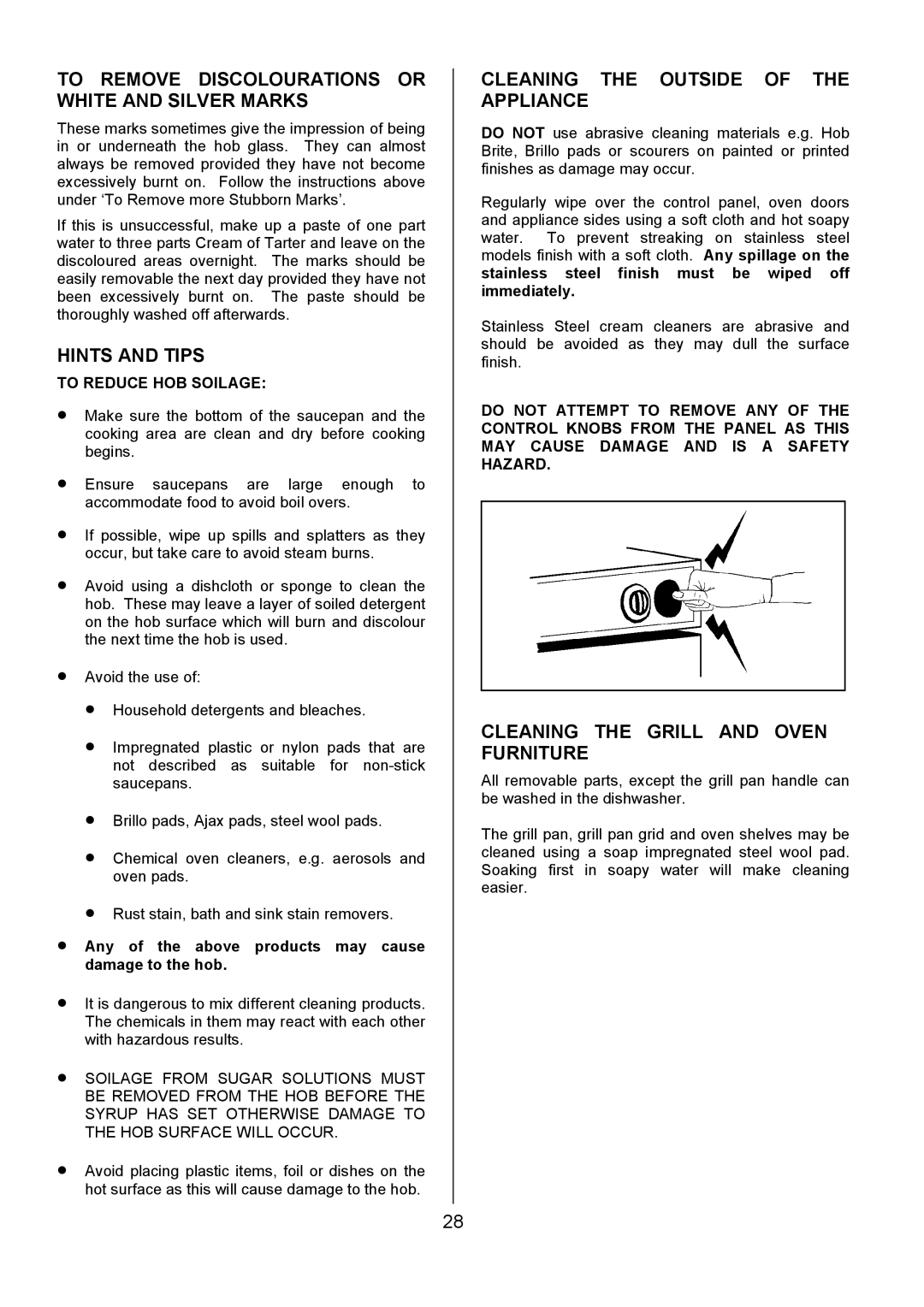 Tricity Bendix SIE555 To Remove Discolourations or White and Silver Marks, Cleaning the Outside of the Appliance 