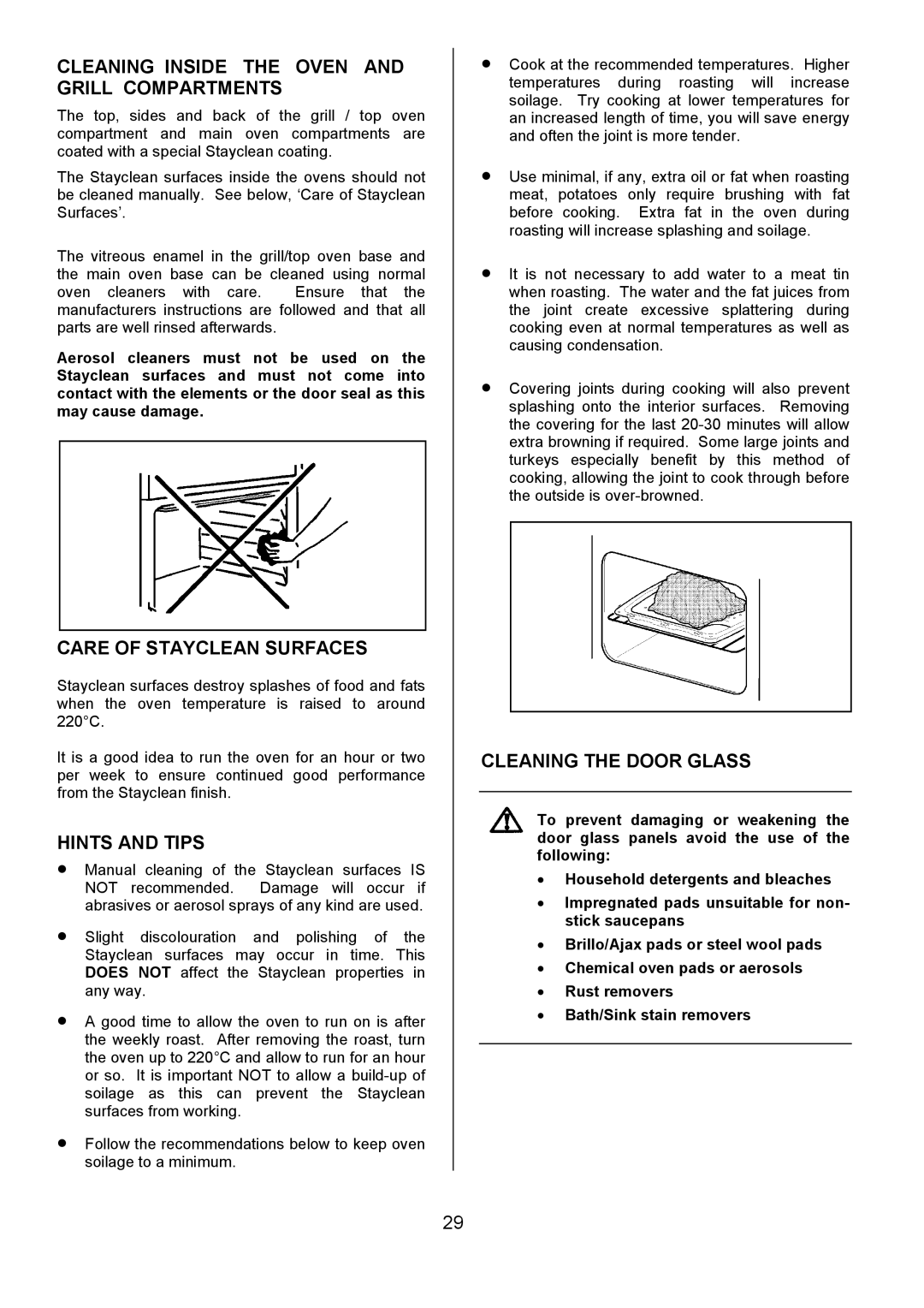 Tricity Bendix SIE555 Cleaning Inside the Oven and Grill Compartments, Care of Stayclean Surfaces, Cleaning the Door Glass 