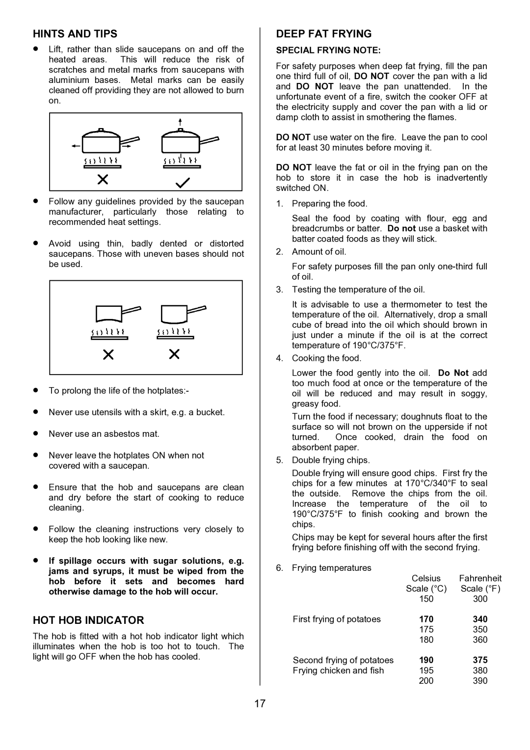 Tricity Bendix SIE557 installation instructions Hints and Tips, HOT HOB Indicator, Deep FAT Frying, Special Frying Note 