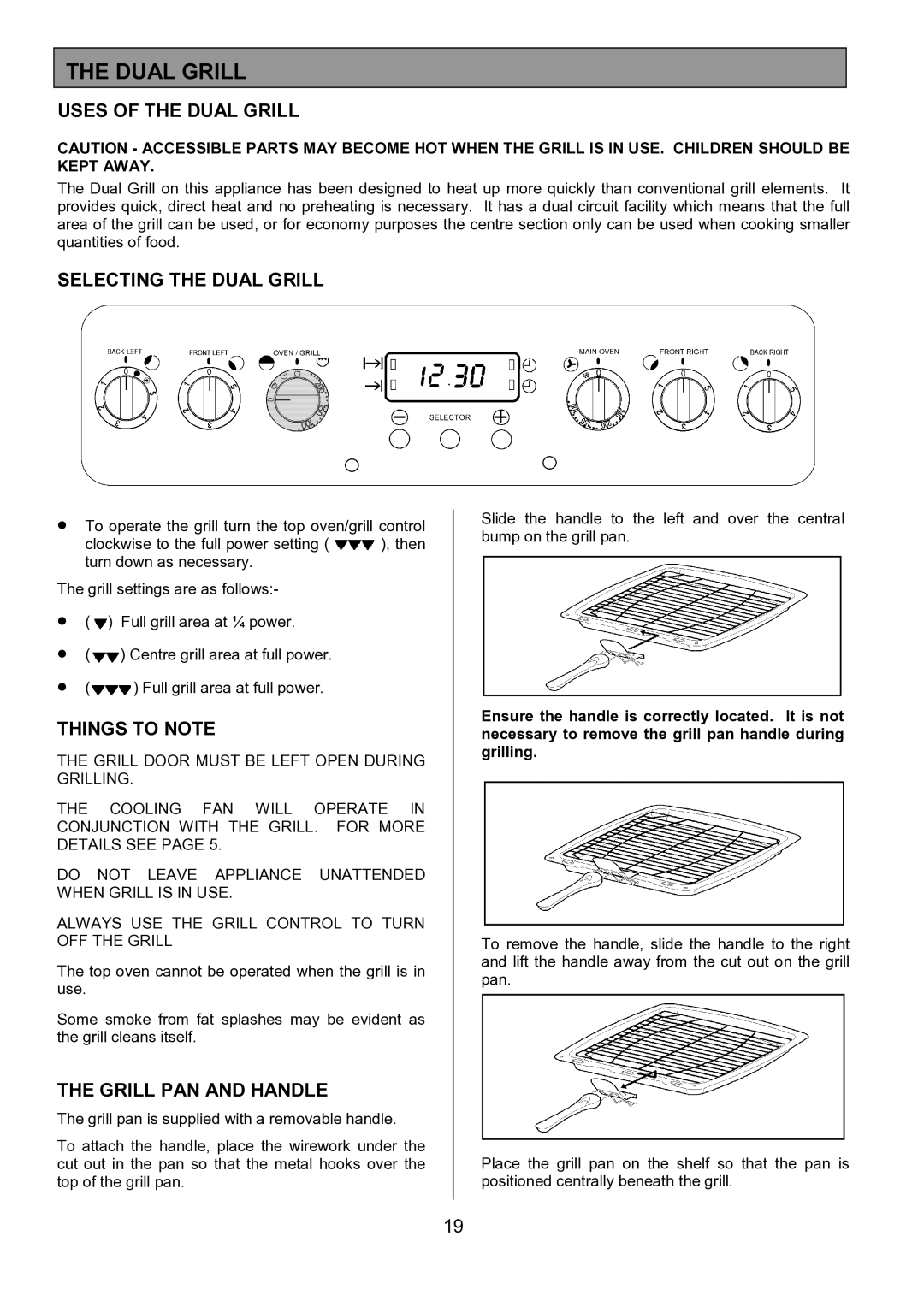 Tricity Bendix SIE557 installation instructions Uses of the Dual Grill, Selecting the Dual Grill, Grill PAN and Handle 