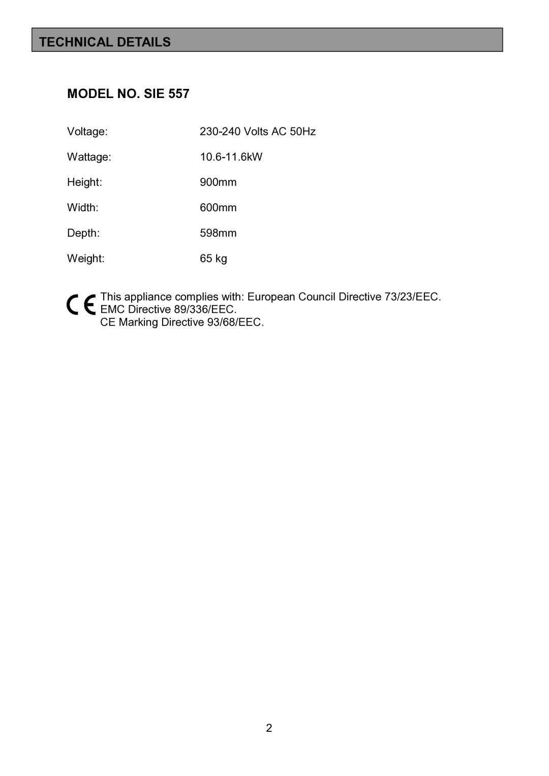 Tricity Bendix SIE557 installation instructions Technical Details Model NO. SIE 