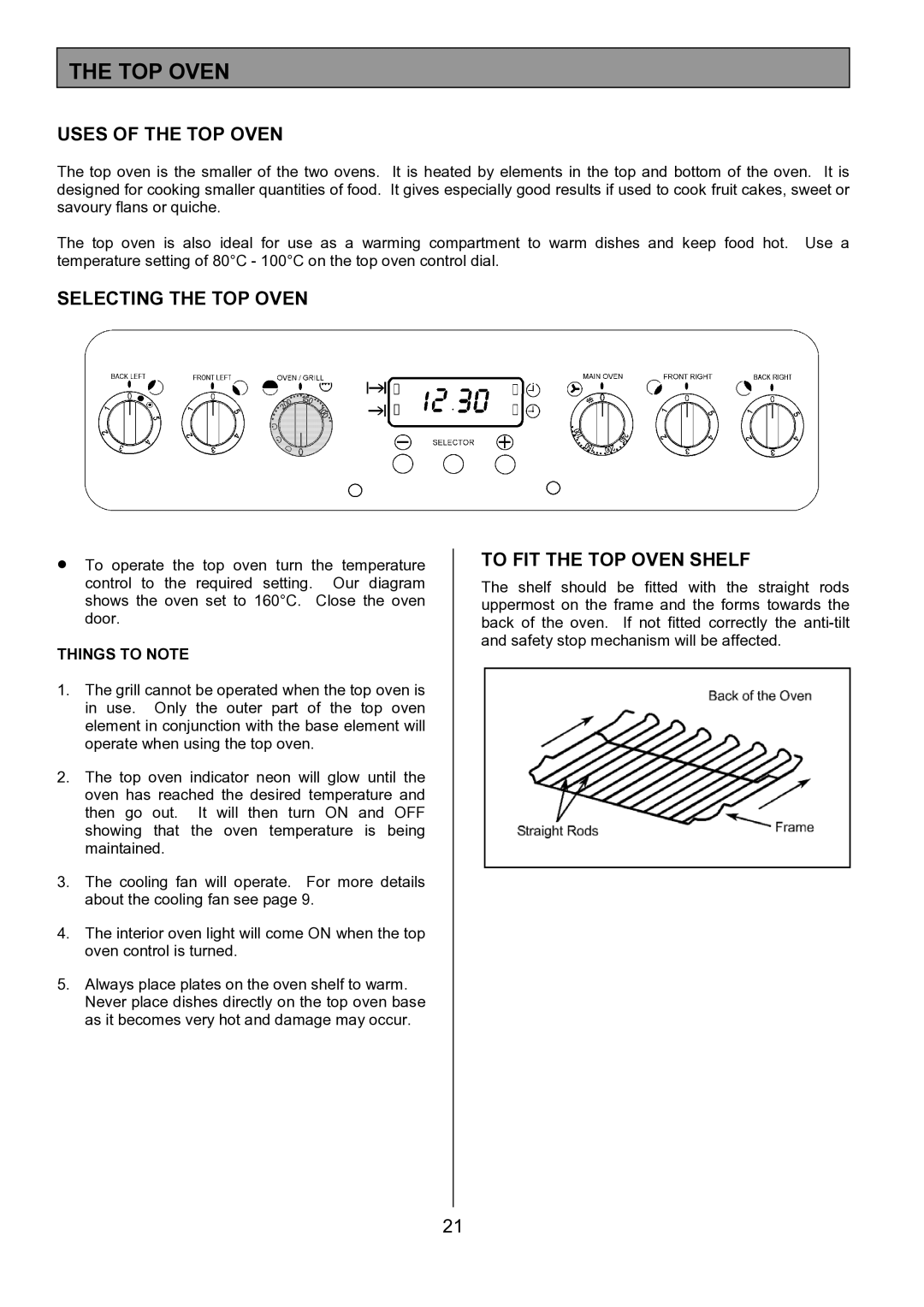 Tricity Bendix SIE557 Uses of the TOP Oven, Selecting the TOP Oven, To FIT the TOP Oven Shelf, Things to Note 