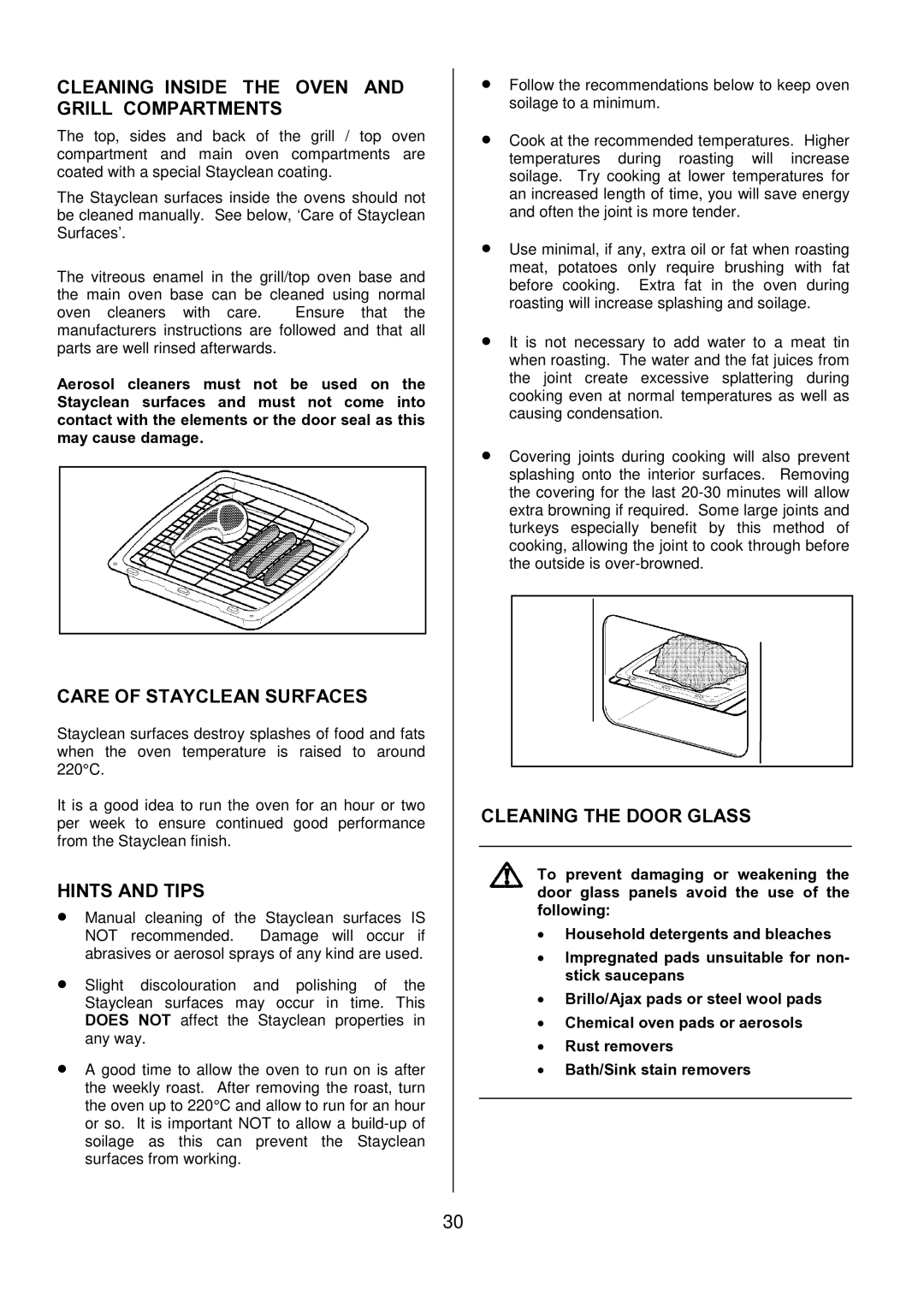 Tricity Bendix SIE557 Cleaning Inside the Oven and Grill Compartments, Care of Stayclean Surfaces, Cleaning the Door Glass 