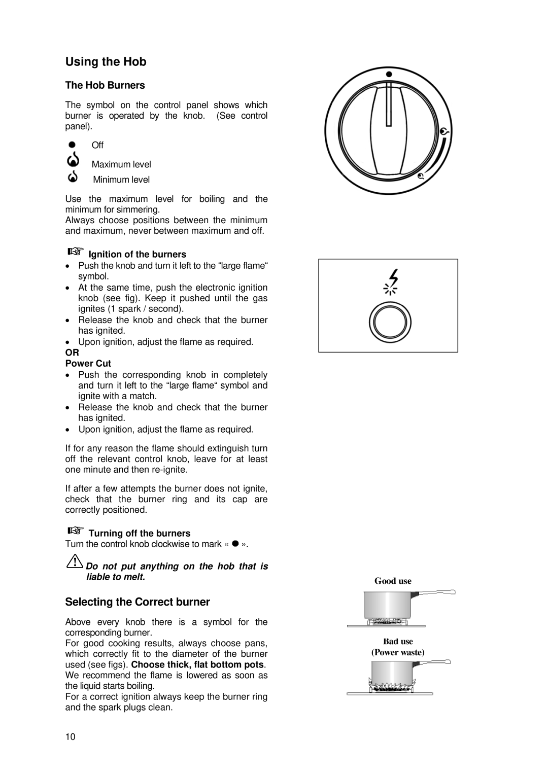 Tricity Bendix SIG 233/1 Using the Hob, Hob Burners, Ignition of the burners, Or Power Cut, Turning off the burners 