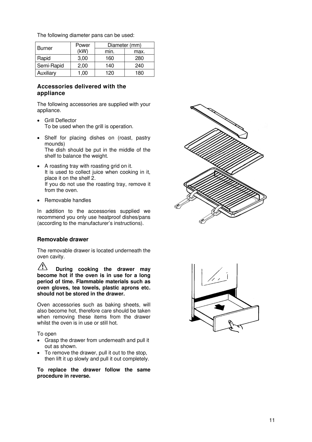 Tricity Bendix SIG 233/1 installation instructions Accessories delivered with the appliance, Removable drawer 