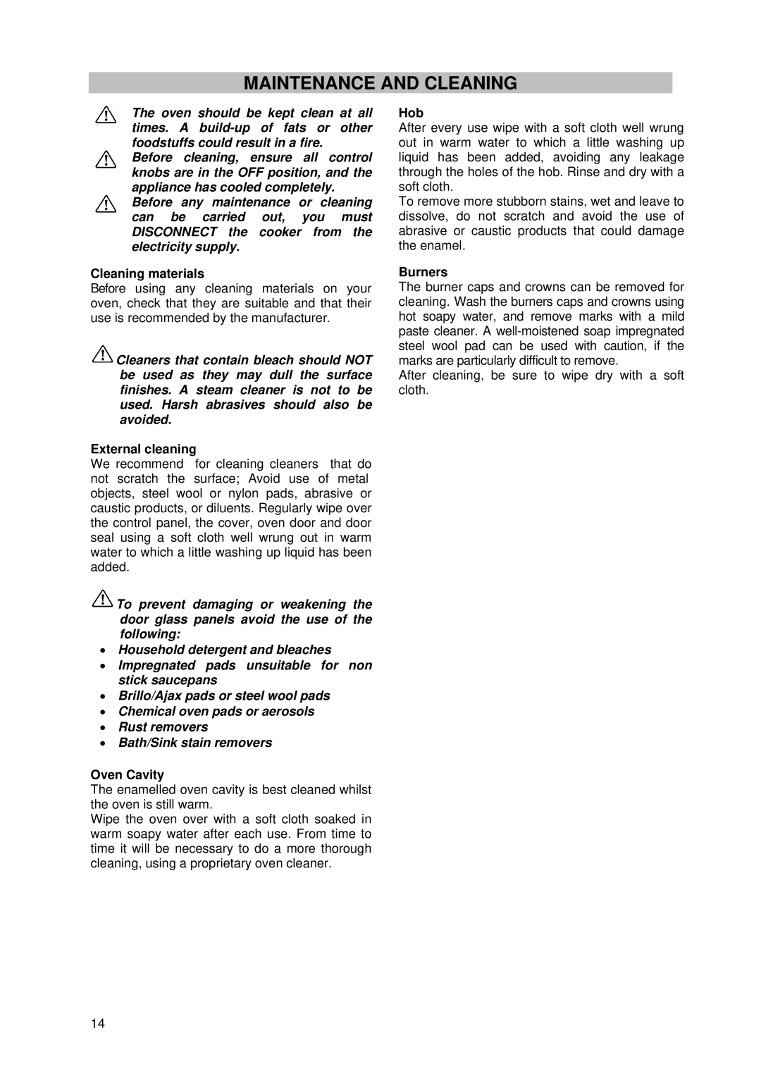 Tricity Bendix SIG 233/1 installation instructions Maintenance and Cleaning 