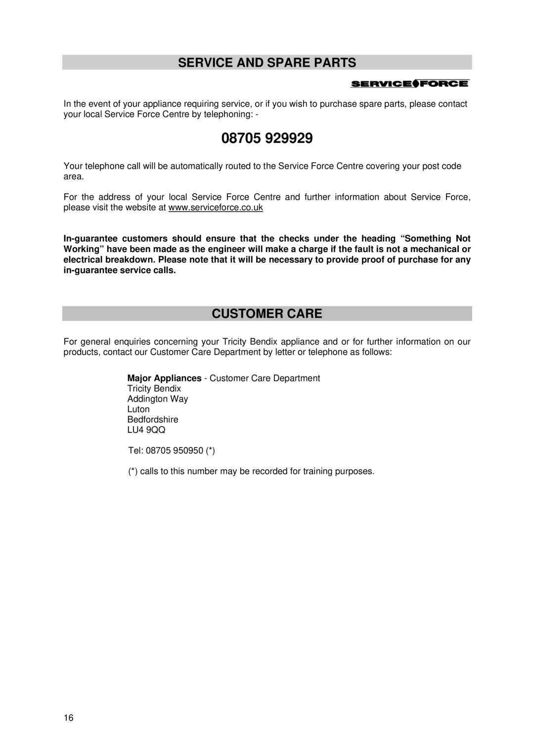 Tricity Bendix SIG 233/1 installation instructions Service and Spare Parts, Customer Care 