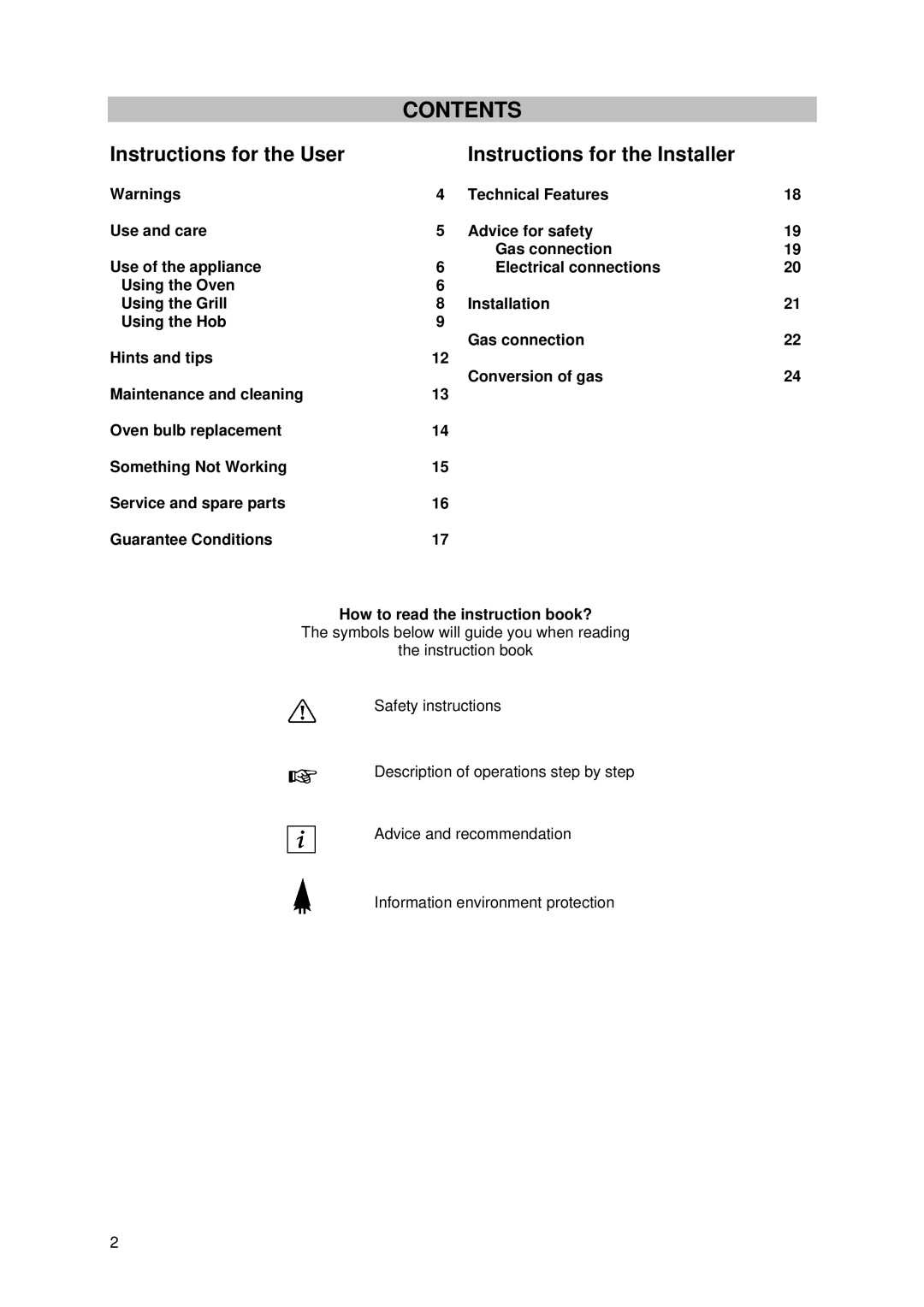 Tricity Bendix SIG 233/1 installation instructions Contents 