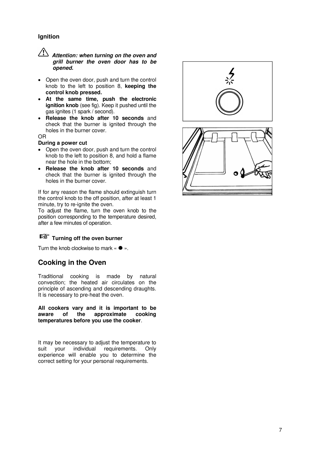 Tricity Bendix SIG 233/1 installation instructions Cooking in the Oven, Ignition, Turning off the oven burner 