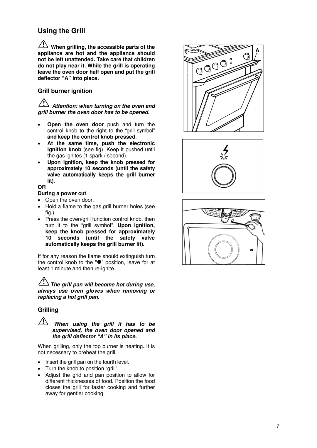 Tricity Bendix SIG 233/1 installation instructions Using the Grill, Grill burner ignition, Grilling 