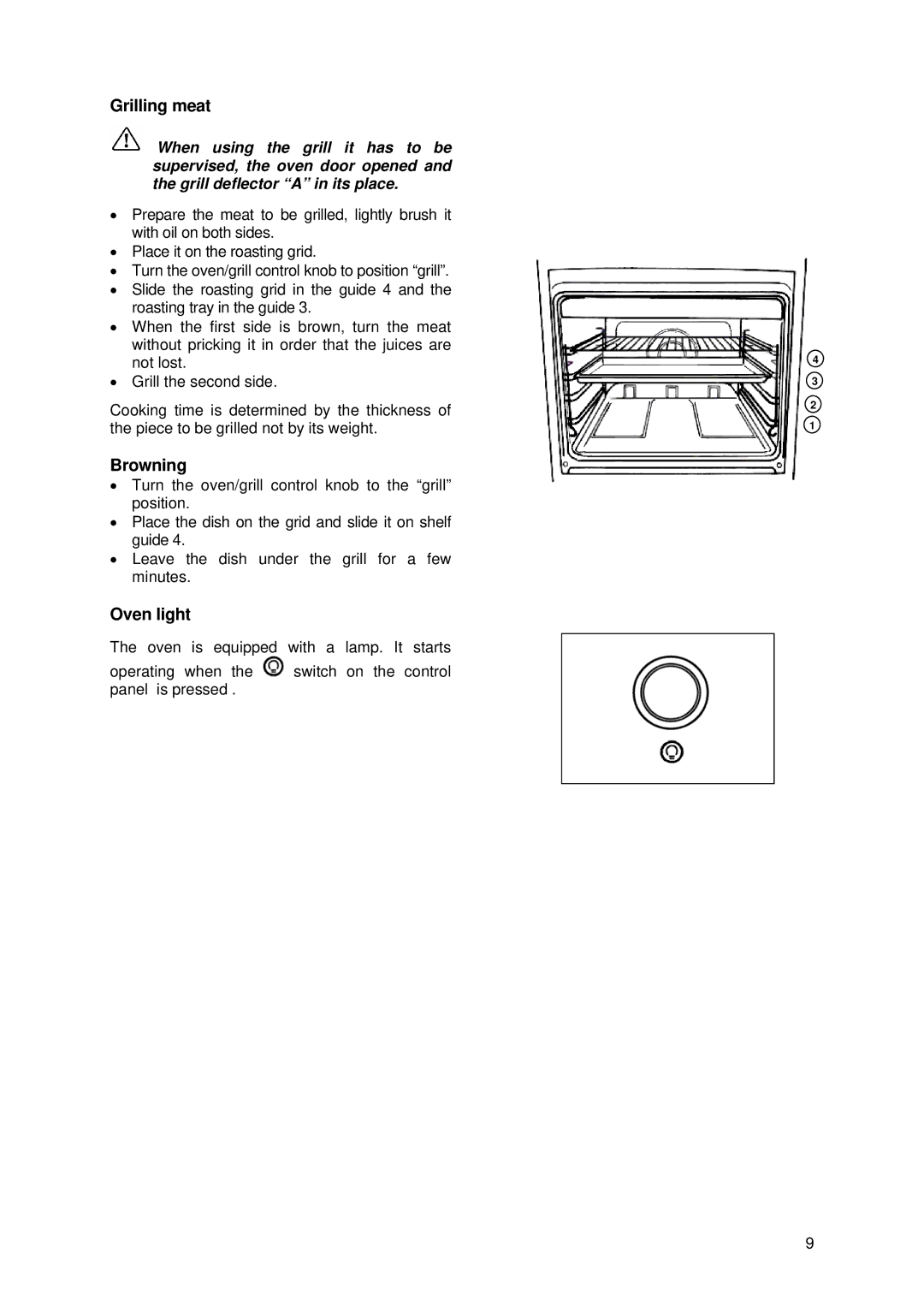 Tricity Bendix SIG 233/1 installation instructions Grilling meat, Browning, Oven light 