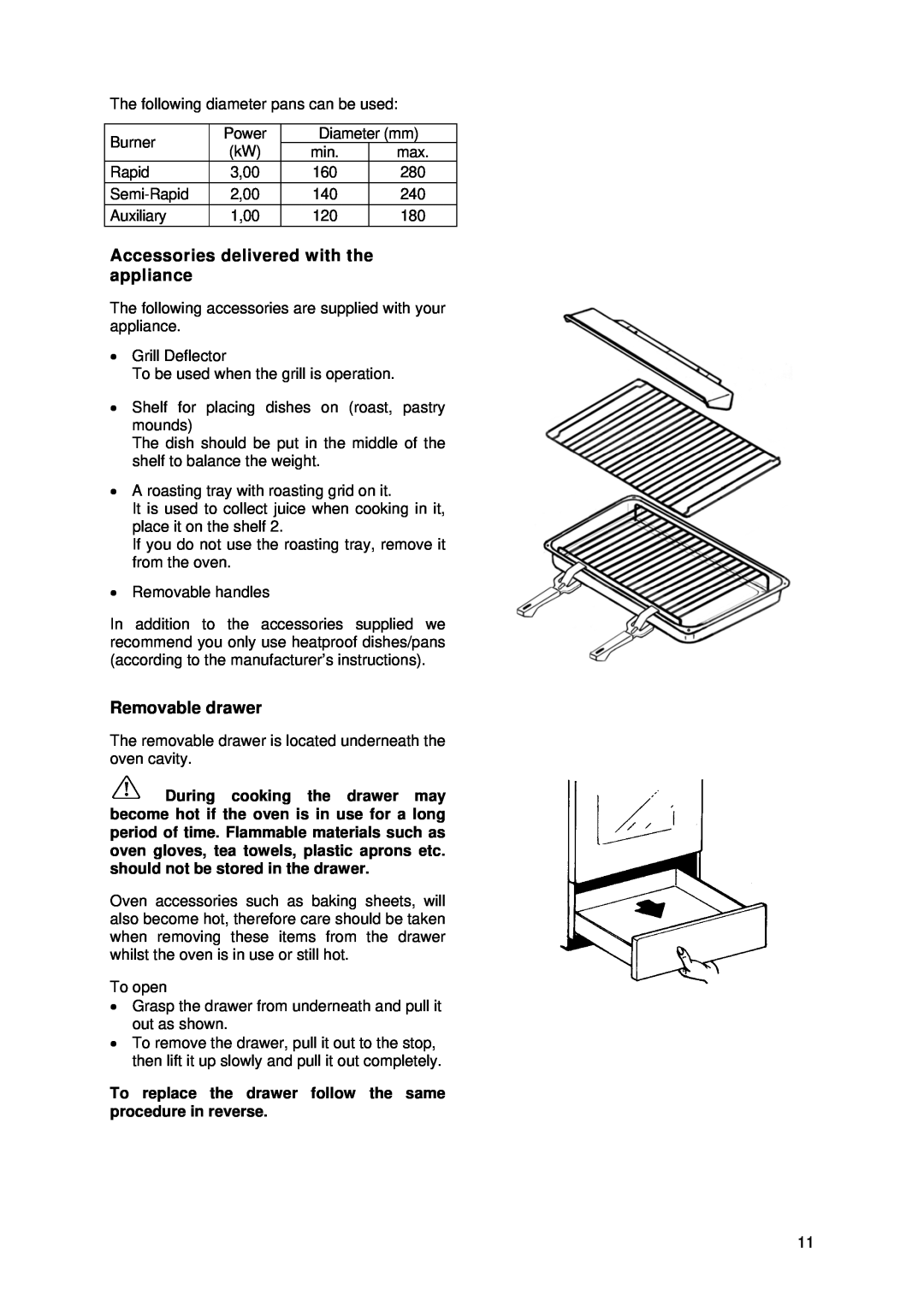 Tricity Bendix SIG 233/1 installation instructions Accessories delivered with the appliance, Removable drawer 