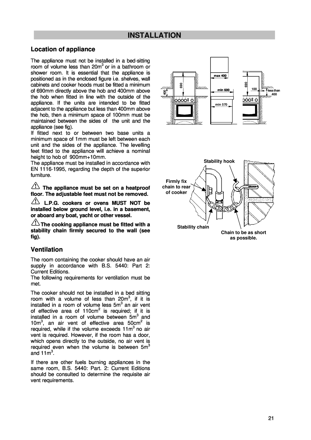 Tricity Bendix SIG 233/1 installation instructions Installation, Location of appliance, Ventilation 