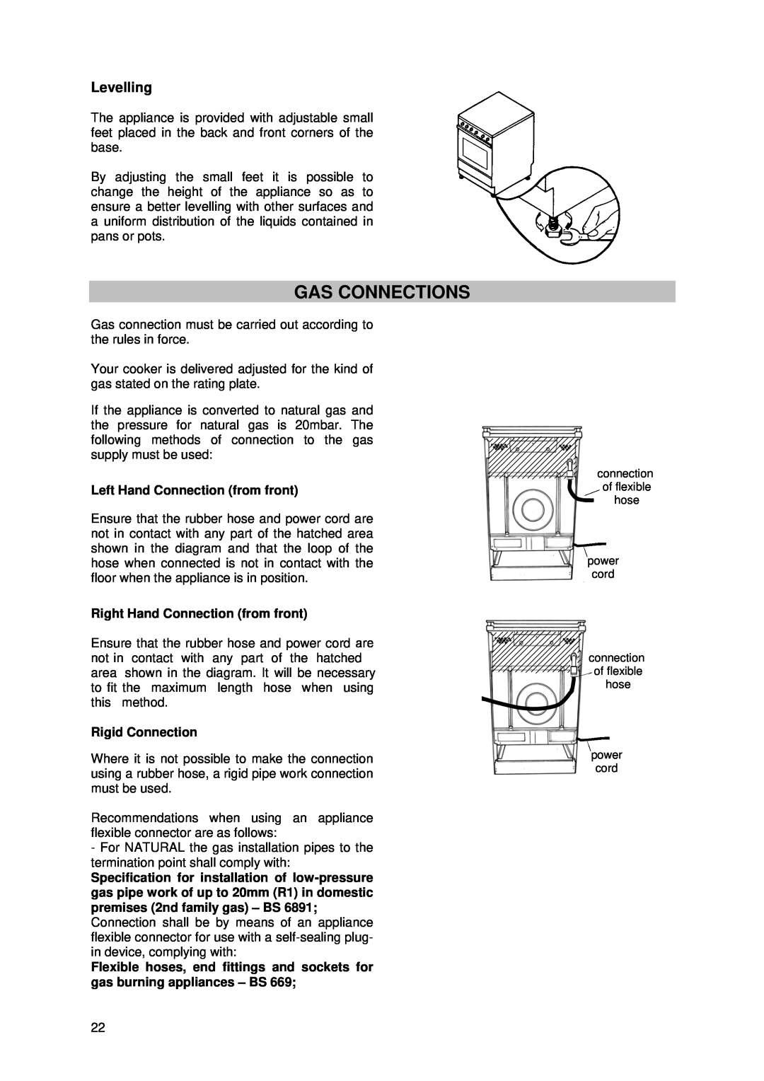 Tricity Bendix SIG 233/1 installation instructions Gas Connections, Levelling 