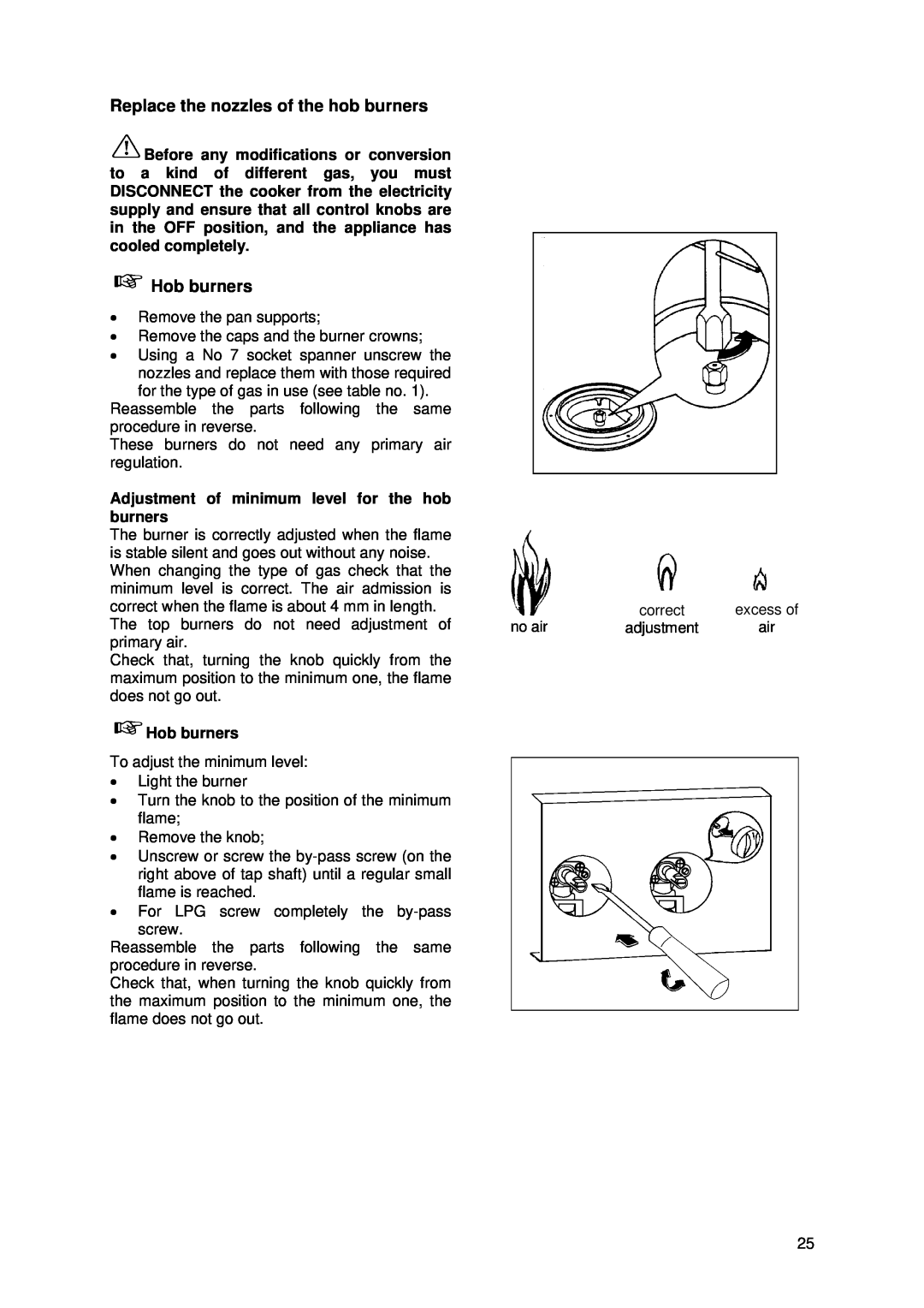Tricity Bendix SIG 233/1 installation instructions Replace the nozzles of the hob burners, Hob burners 