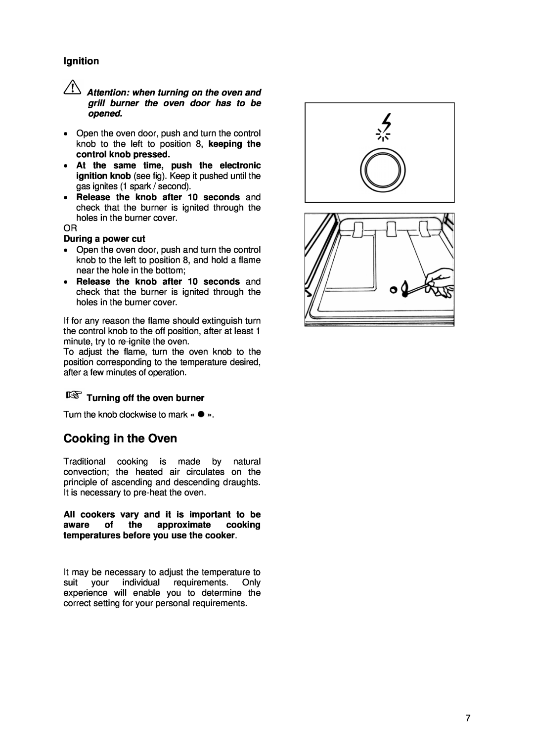Tricity Bendix SIG 233/1 installation instructions Cooking in the Oven, Ignition 