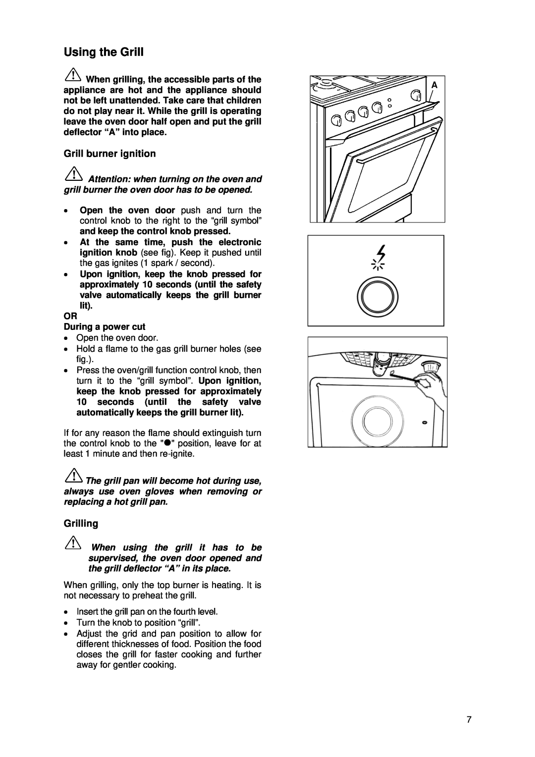 Tricity Bendix SIG 233/1 installation instructions Using the Grill, Grill burner ignition, Grilling 