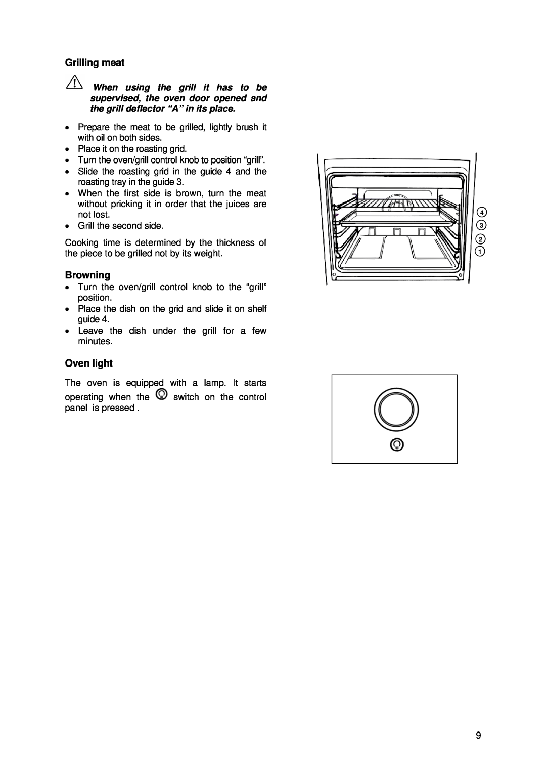 Tricity Bendix SIG 233/1 installation instructions Grilling meat, Browning, Oven light 