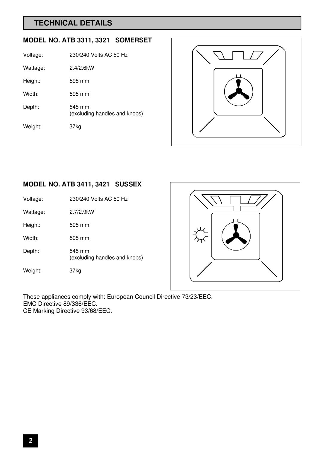 Tricity Bendix SOMERSET, SUSSEX Technical Details, Model NO. ATB 3311, 3321 Somerset, Model NO. ATB 3411, 3421 Sussex 