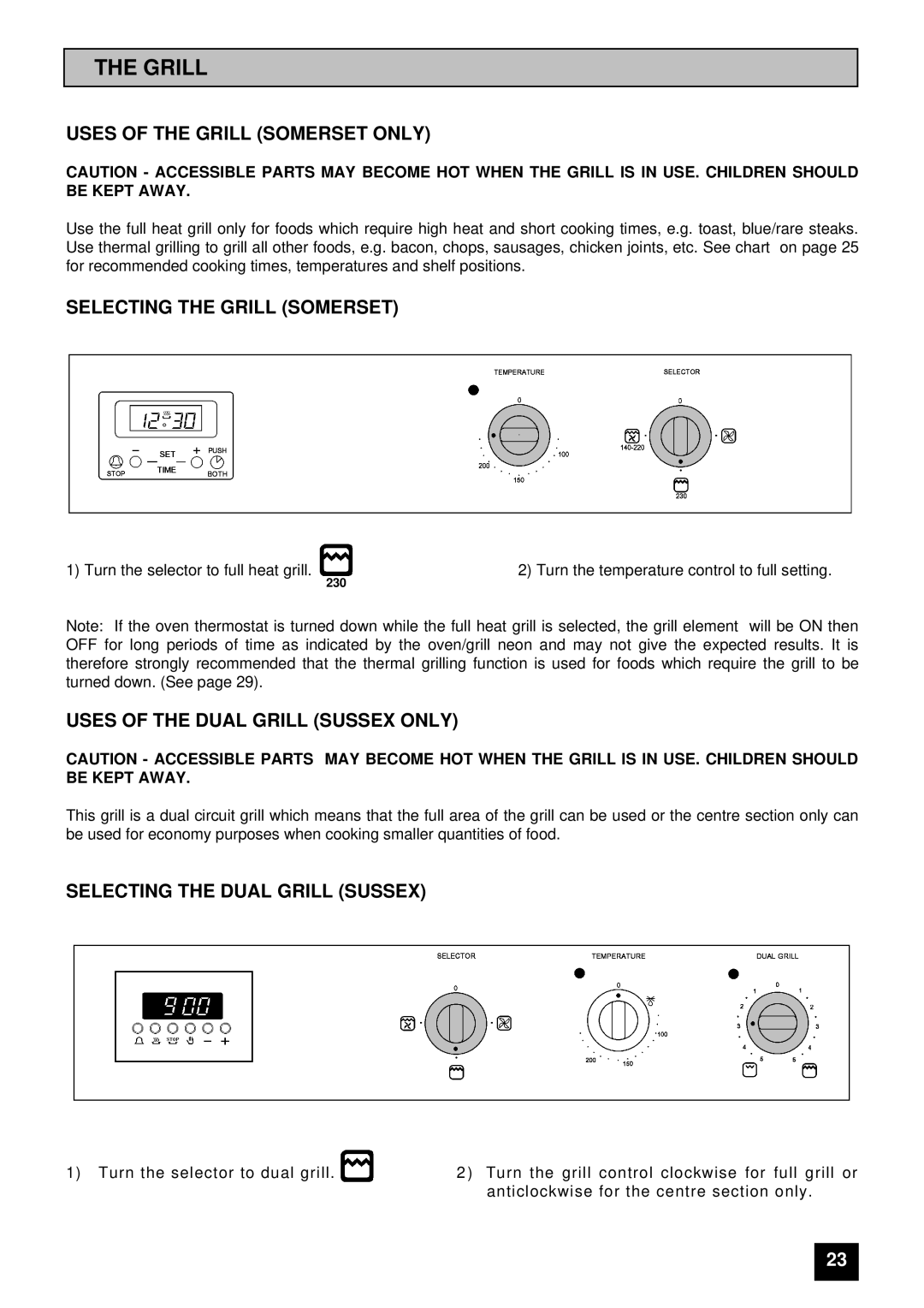 Tricity Bendix SUSSEX Uses of the Grill Somerset only, Selecting the Grill Somerset, Selecting the Dual Grill Sussex 