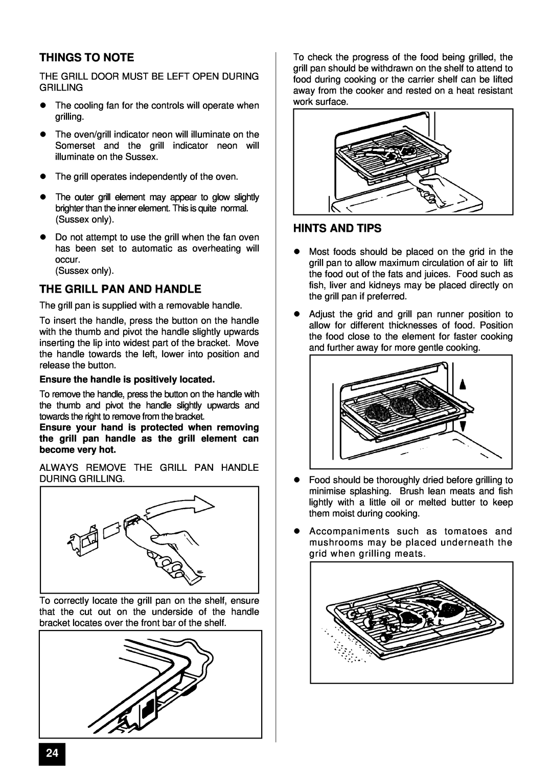 Tricity Bendix SOMERSET Things To Note, The Grill Pan And Handle, Hints And Tips, Ensure the handle is positively located 