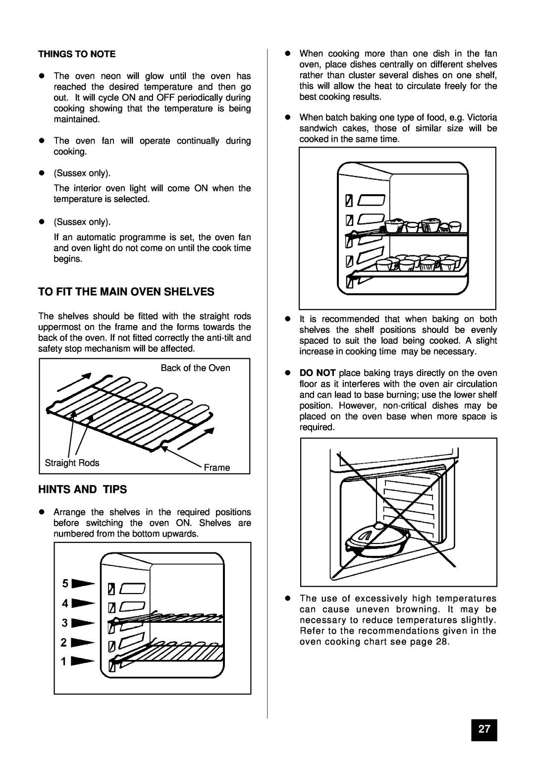 Tricity Bendix SUSSEX, SOMERSET installation instructions To Fit The Main Oven Shelves, lHINTS AND TIPS, Things To Note 