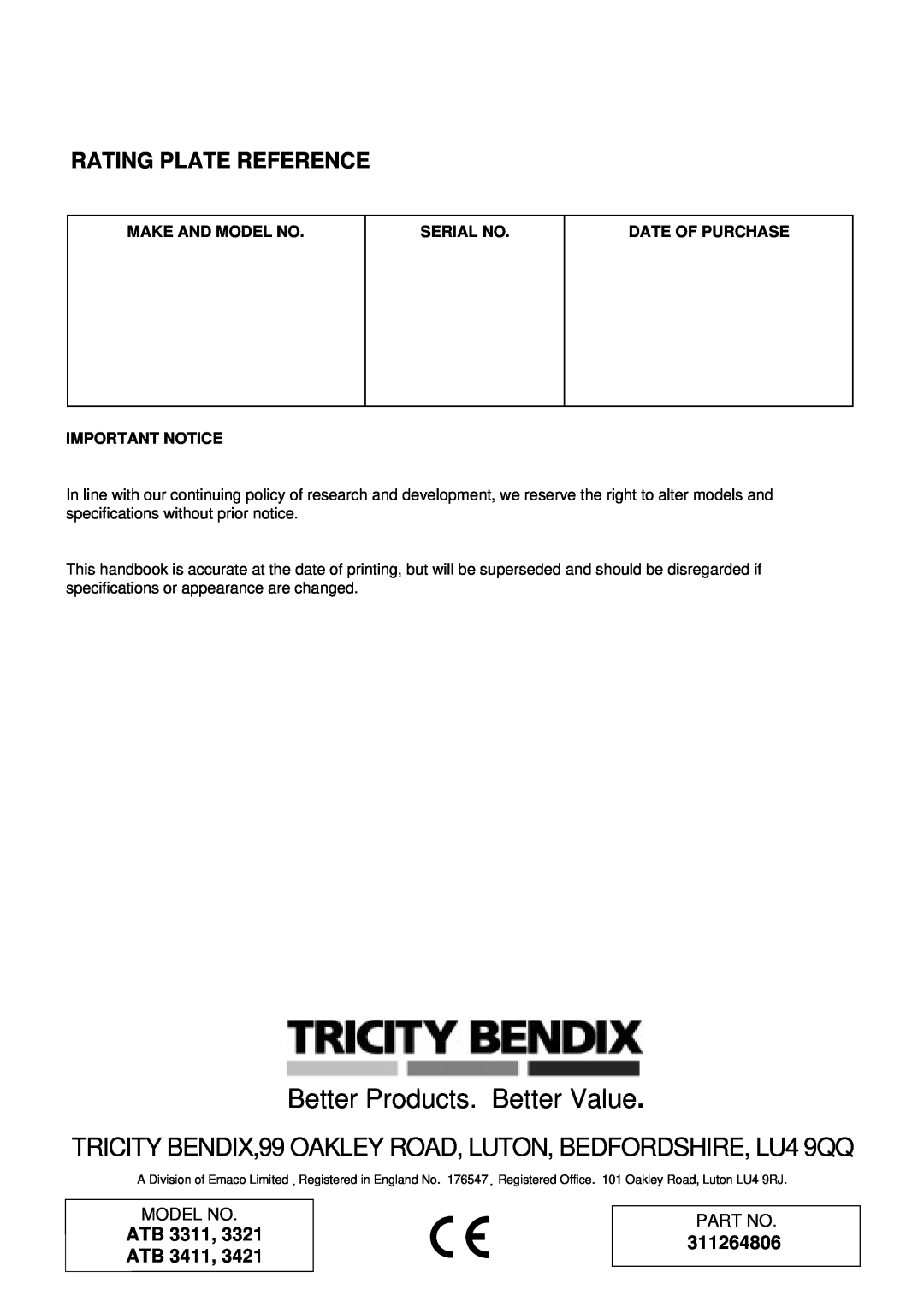 Tricity Bendix SOMERSET Rating Plate Reference, ATB 3311, 3321 ATB, 311264806, Better Products. Better Value, Model No 