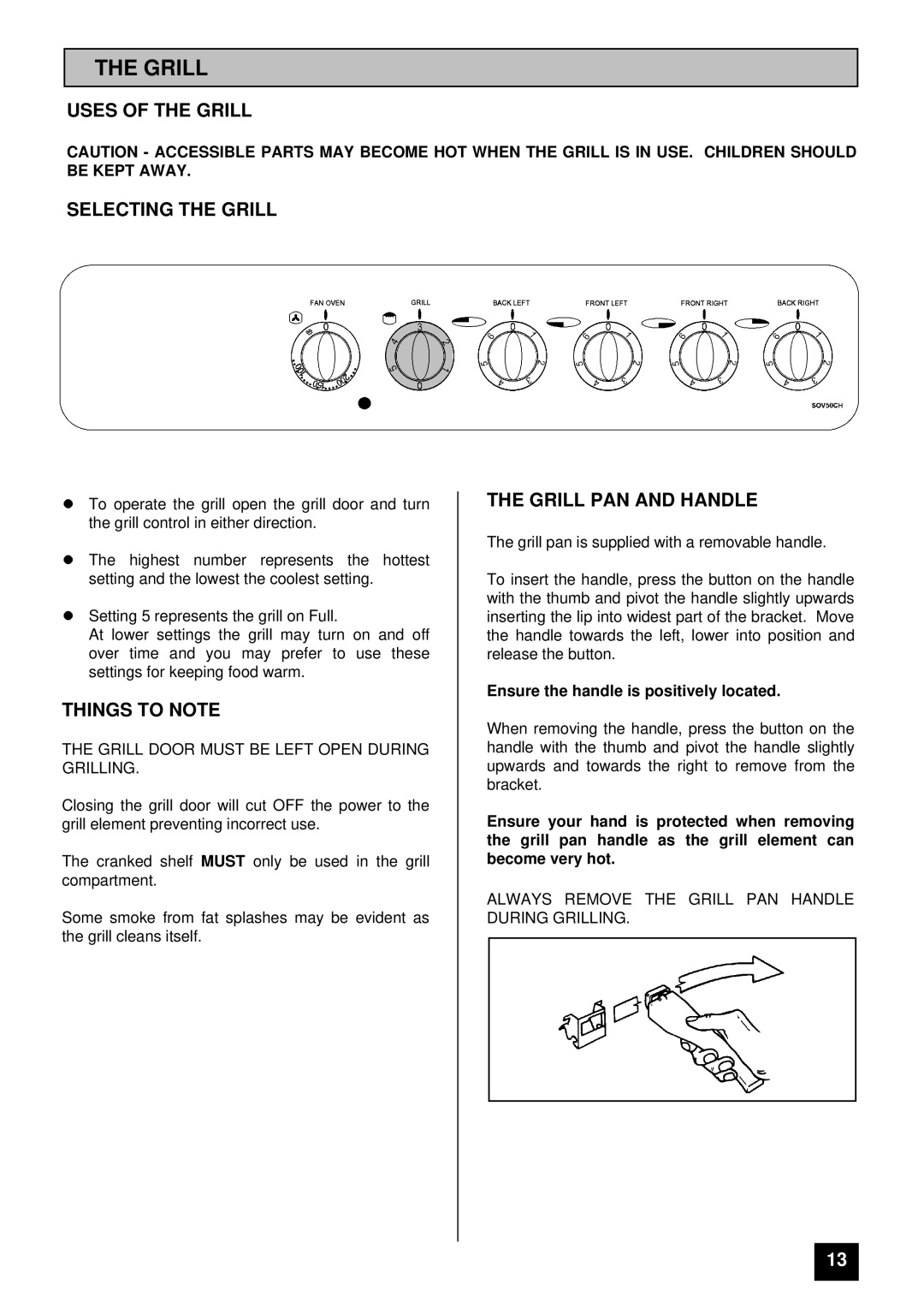 Tricity Bendix SOV50CH Uses of the Grill Selecting the Grill, Things to Note, Grill PAN and Handle 