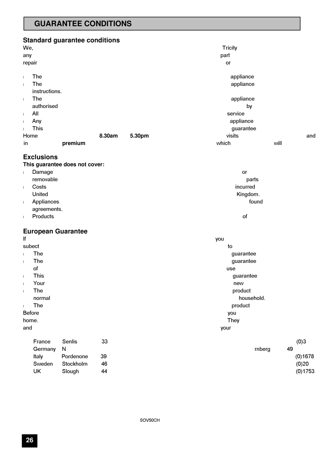 Tricity Bendix SOV50CH installation instructions Guarantee Conditions, Standard guarantee conditions 