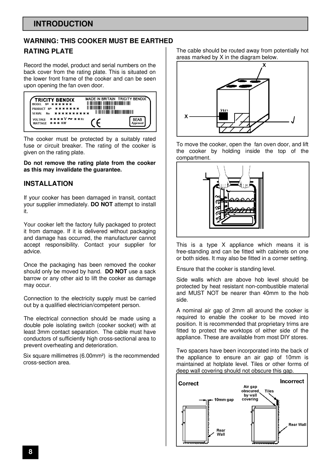 Tricity Bendix SOV50CH installation instructions Introduction, Rating Plate, Installation 