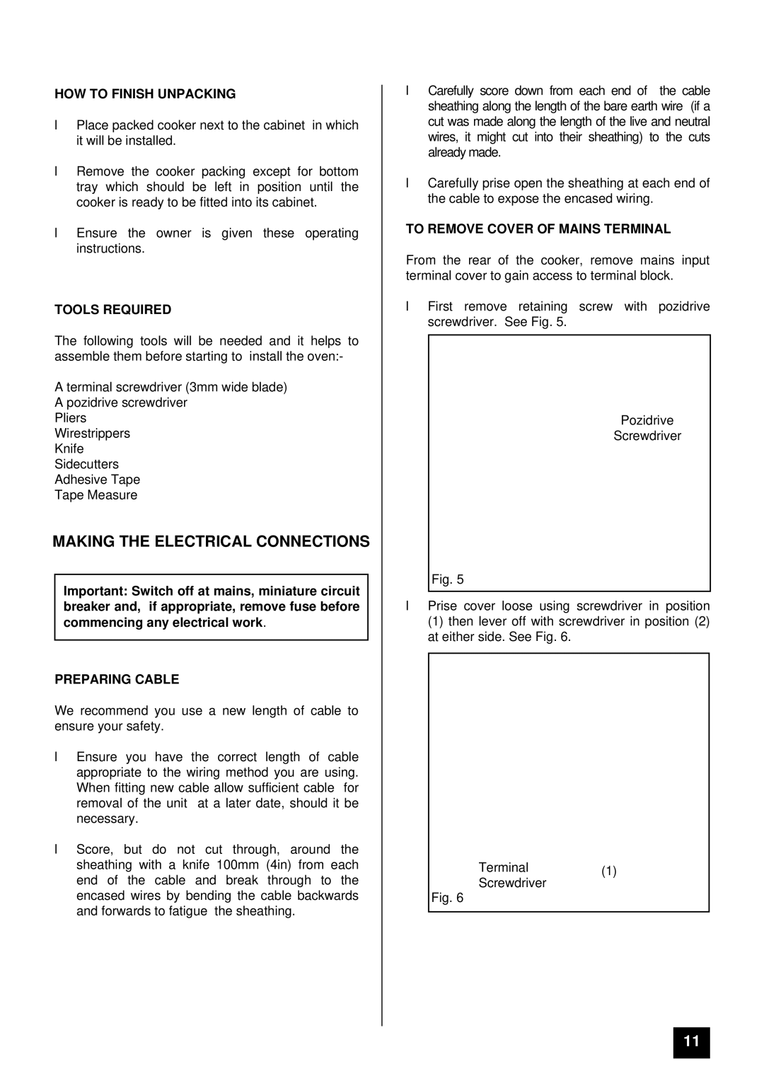 Tricity Bendix SURREY Making the Electrical Connections, HOW to Finish Unpacking, Tools Required, Preparing Cable 