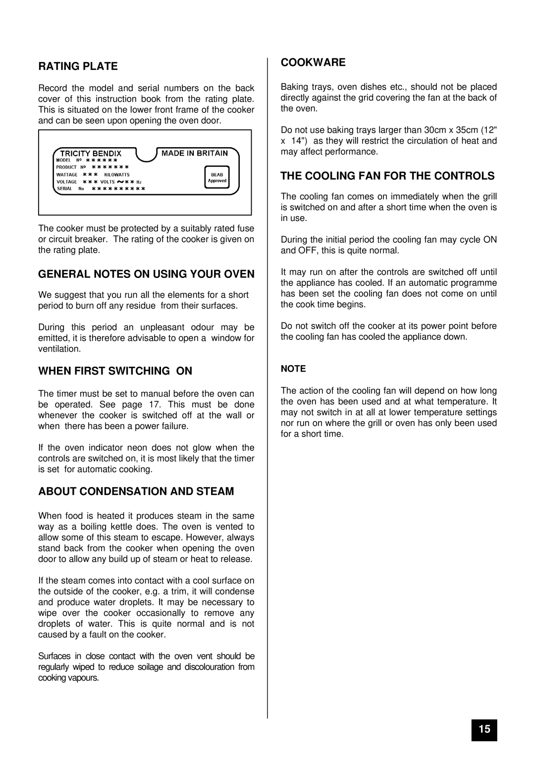 Tricity Bendix SURREY Rating Plate, General Notes on Using Your Oven, When First Switching on, Cookware 