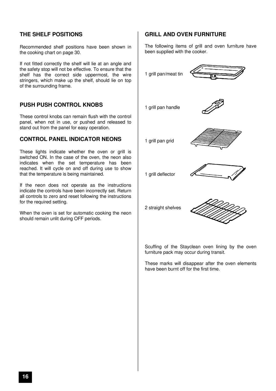 Tricity Bendix SURREY Shelf Positions, Push Push Control Knobs, Control Panel Indicator Neons, Grill and Oven Furniture 