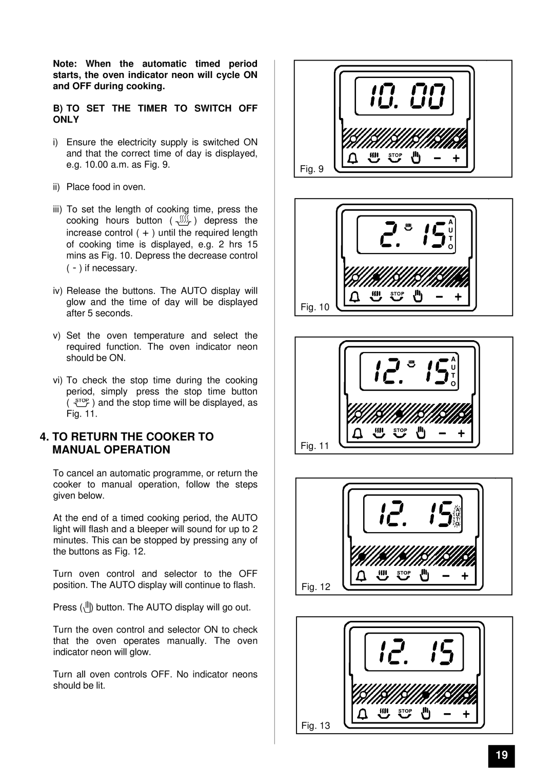 Tricity Bendix SURREY To Return the Cooker to Manual Operation, To SET the Timer to Switch OFF only 