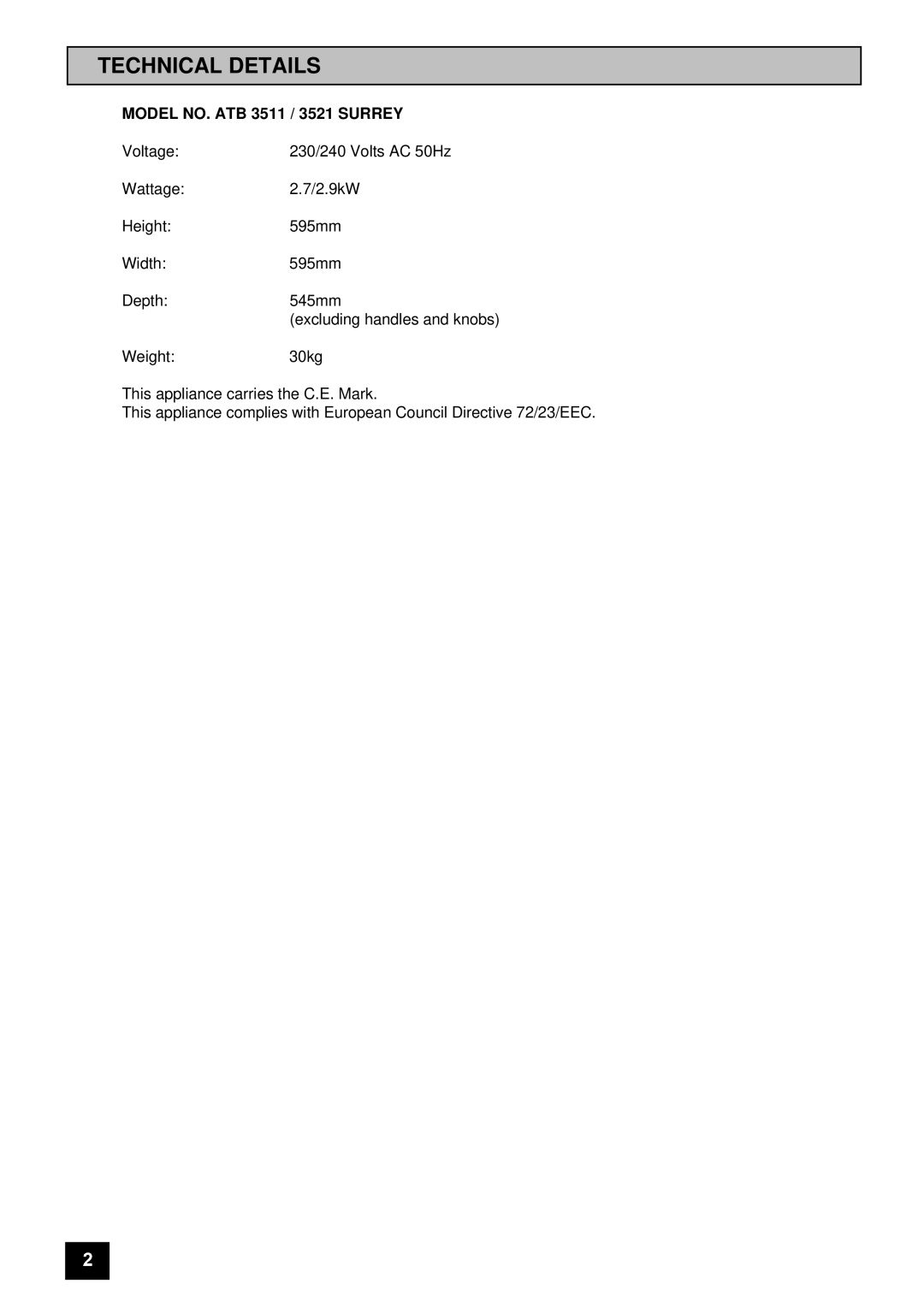 Tricity Bendix SURREY installation instructions Technical Details, Model NO. ATB 3511 / 3521 Surrey 