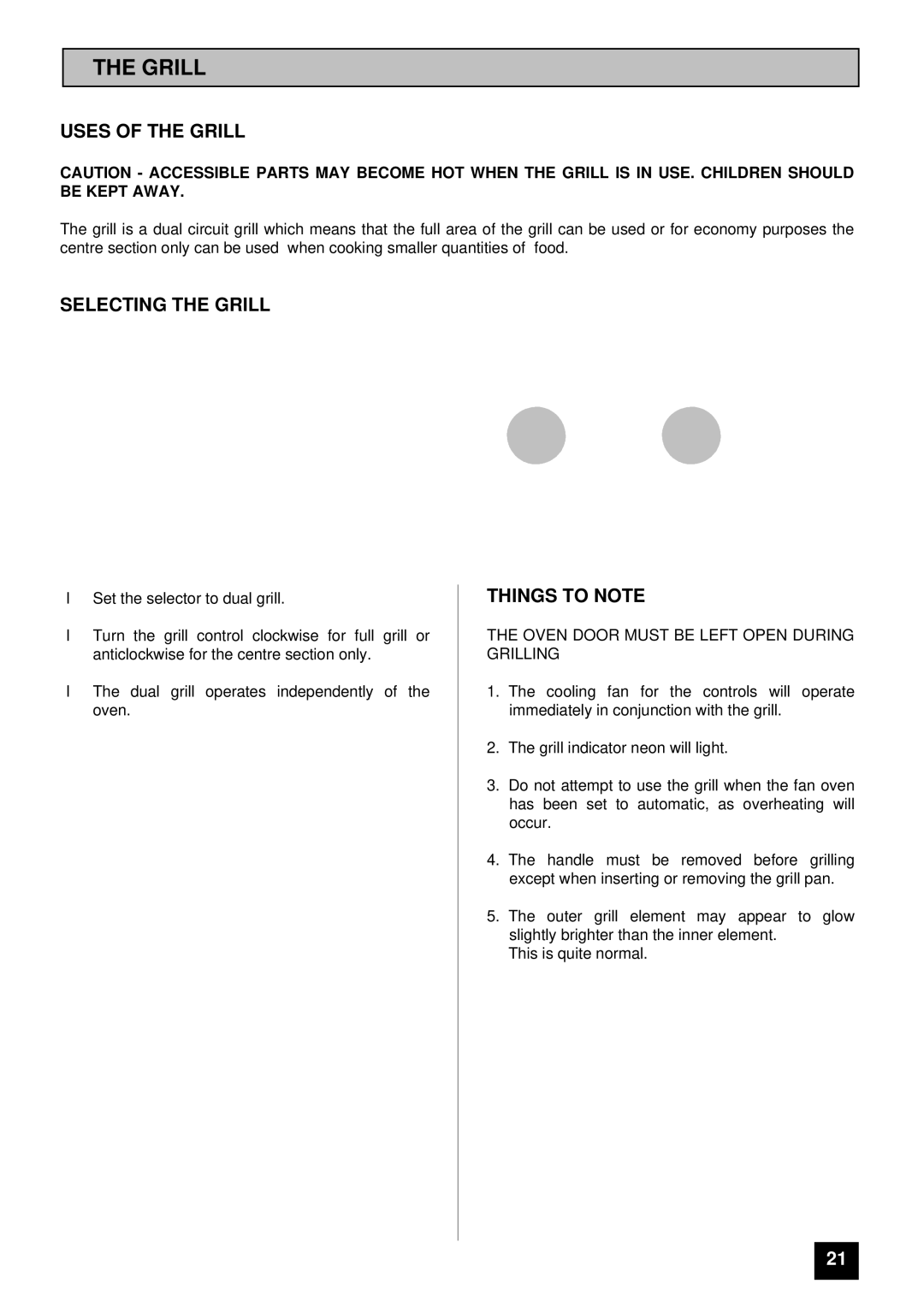 Tricity Bendix SURREY Uses of the Grill, Selecting the Grill, Oven Door Must be Left Open During Grilling 