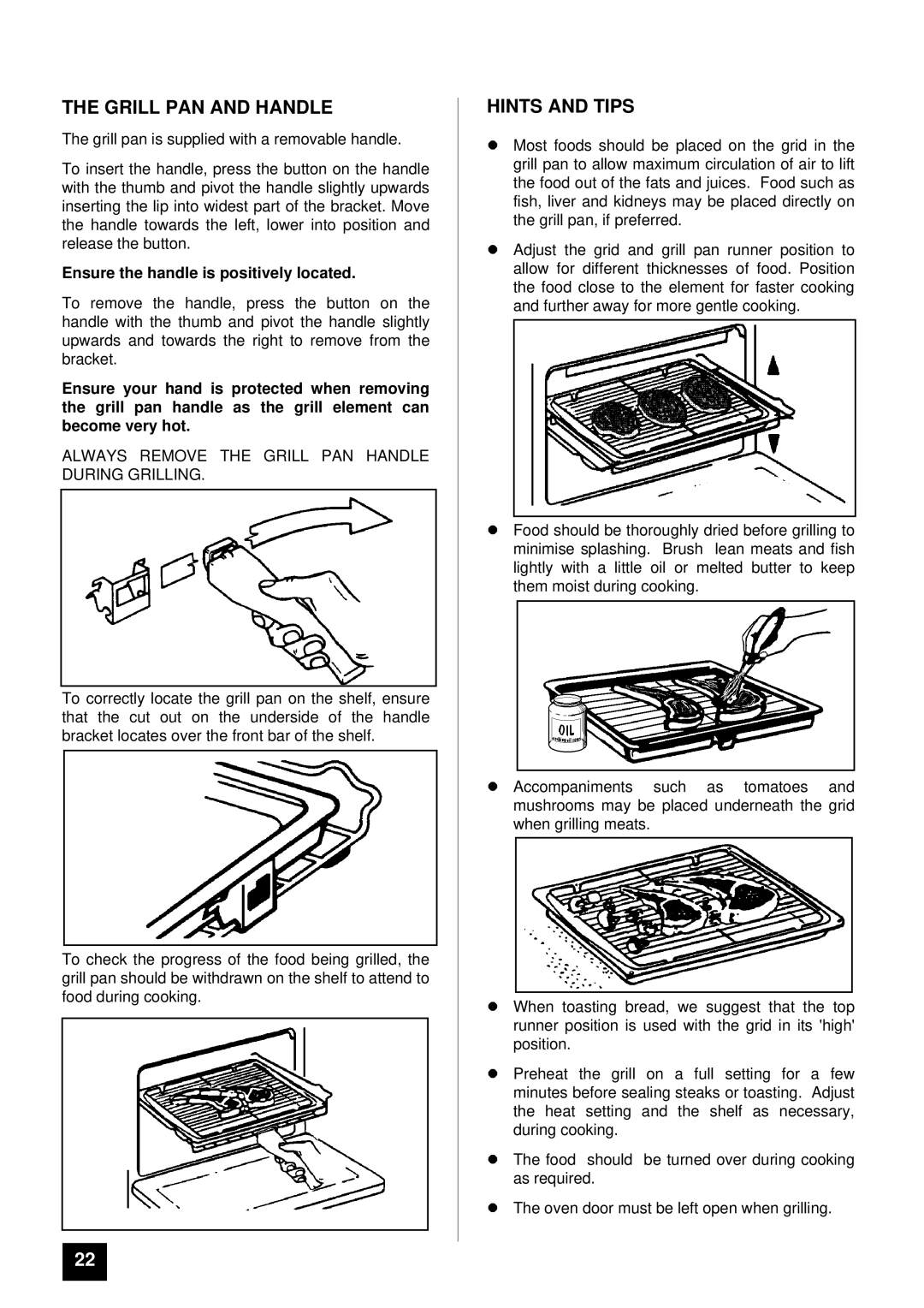 Tricity Bendix SURREY Grill PAN and Handle, Hints and Tips, Always Remove the Grill PAN Handle During Grilling 