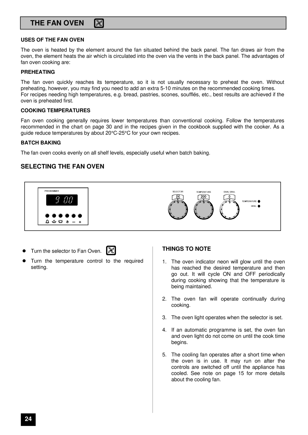 Tricity Bendix SURREY installation instructions Selecting the FAN Oven 