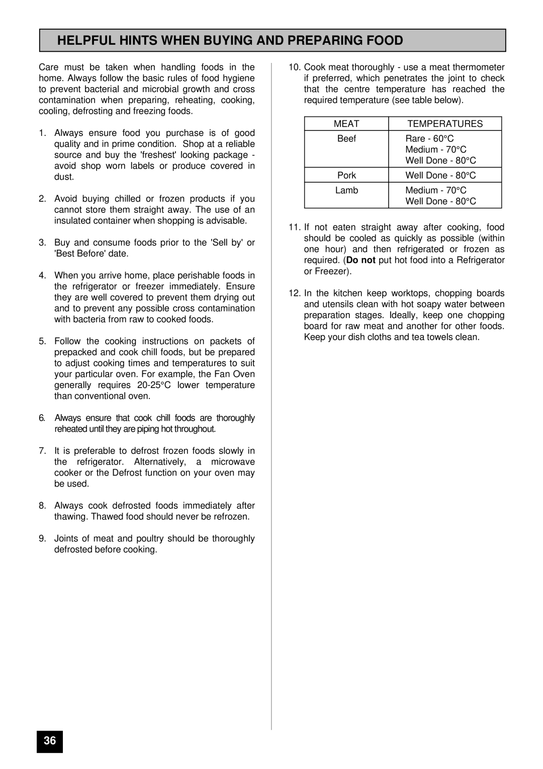 Tricity Bendix SURREY installation instructions Helpful Hints When Buying and Preparing Food, Meat Temperatures 