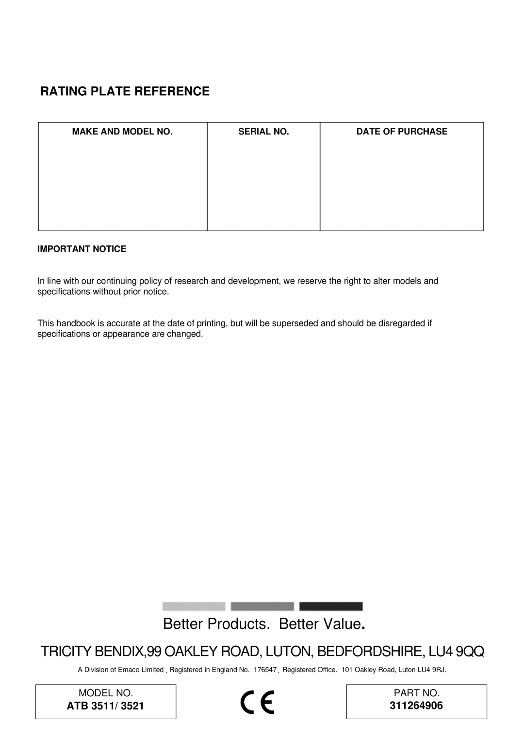 Tricity Bendix SURREY installation instructions Better Products. Better Value, Rating Plate Reference 