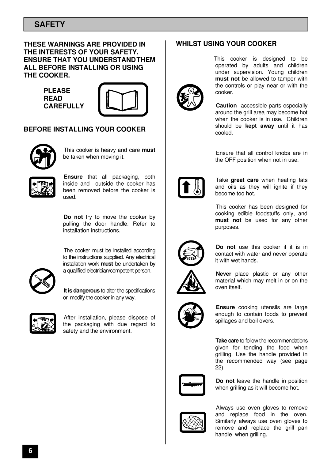 Tricity Bendix SURREY installation instructions Safety, Whilst Using Your Cooker 