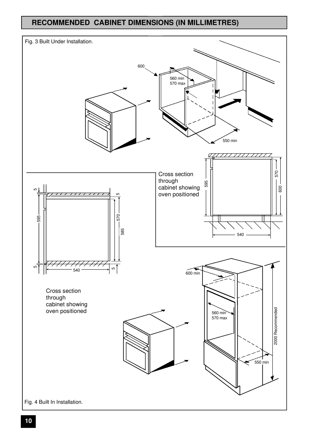 Tricity Bendix SURREY Recommended Cabinet Dimensions In Millimetres, Cross section, through, cabinet showing 