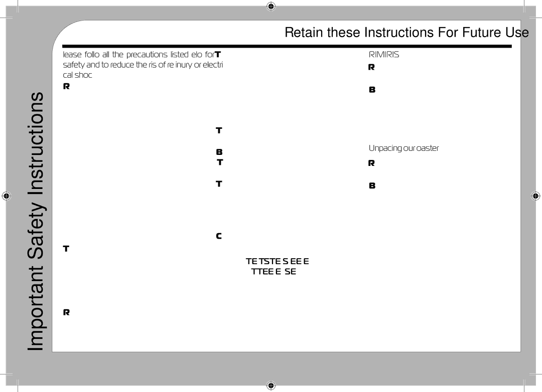 Tricity Bendix T2TSS11R, T2TSS11B Important Safety Instructions, Read all the instructions, Unpacking Your Toaster 