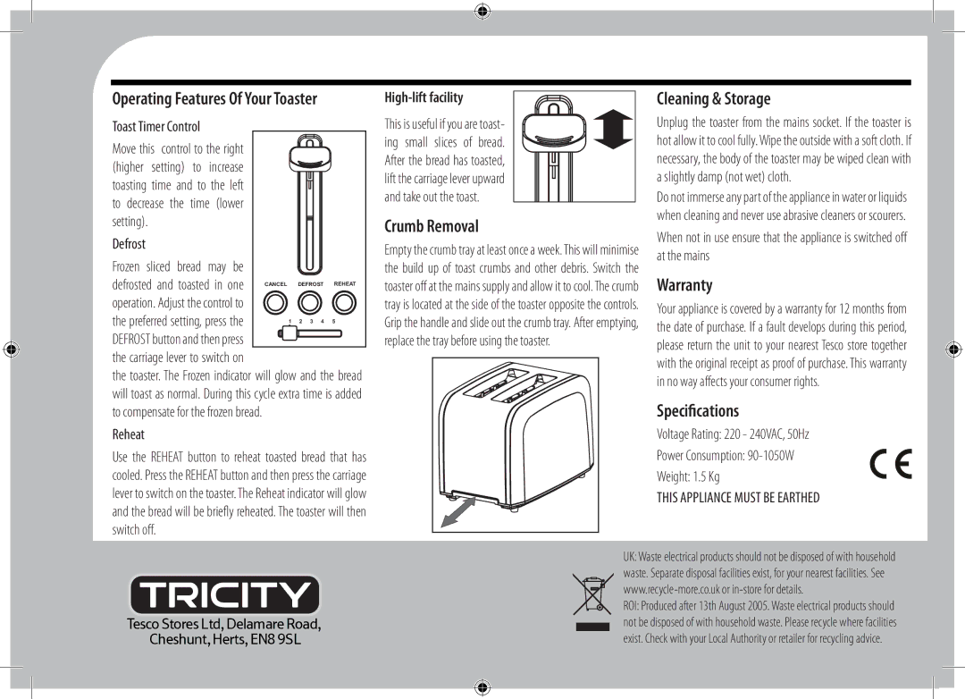 Tricity Bendix T2TSS11B, T2TSS11C, T2TSS11R instruction manual Crumb Removal, Cleaning & Storage, Warranty, Specifications 