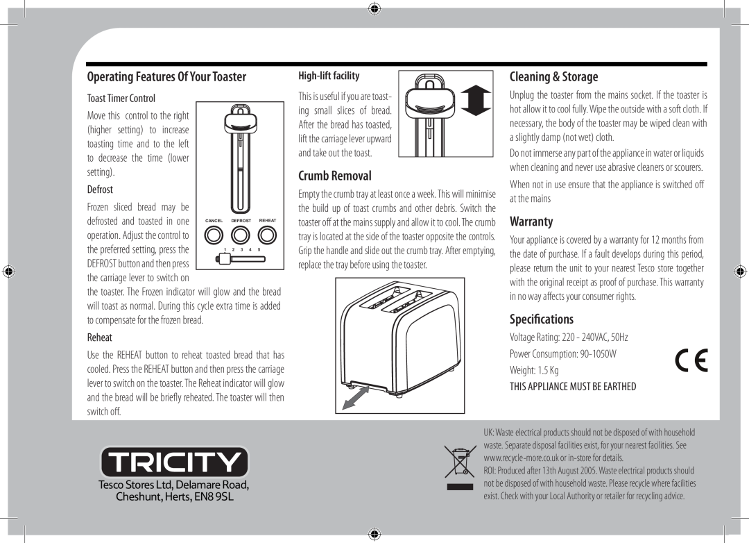 Tricity Bendix T2TSS11B Crumb Removal, Cleaning & Storage, Warranty, Specifications, Operating Features Of Your Toaster 