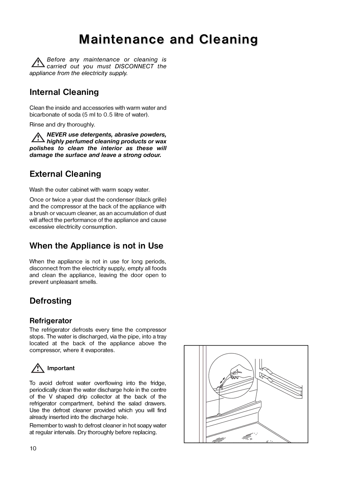 Tricity Bendix TB 090 FF Maintenance and Cleaning, Internal Cleaning, External Cleaning, When the Appliance is not in Use 