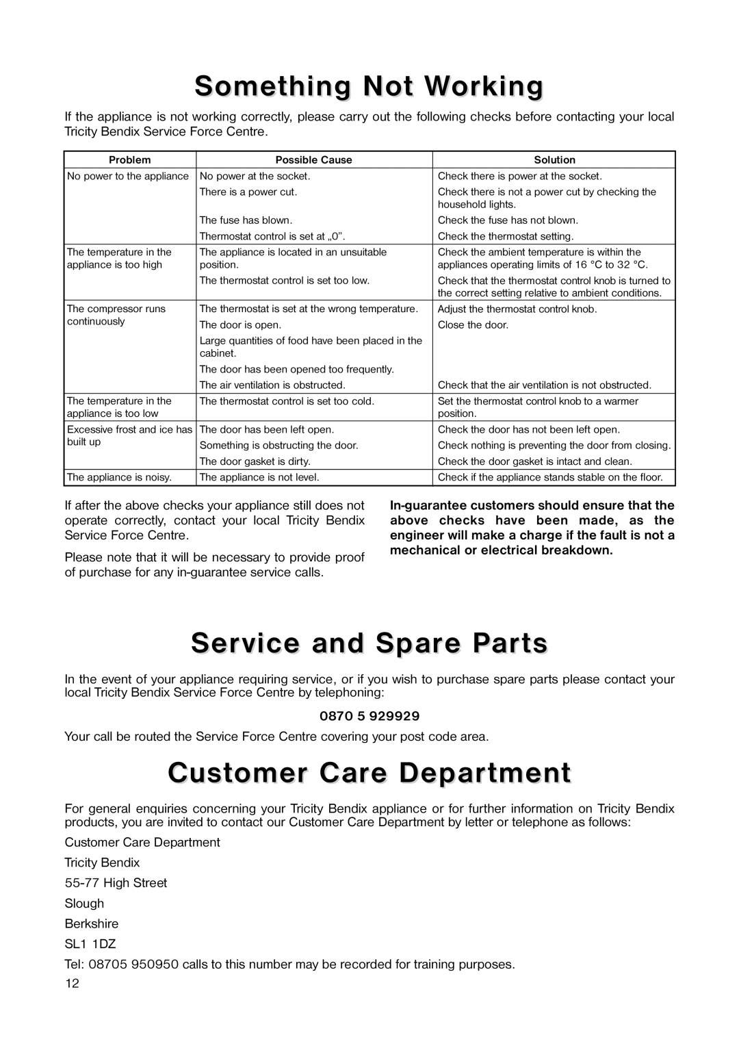 Tricity Bendix TB 090 FF, TB 116 FF Something Not Working, Service and Spare Parts, Customer Care Department 