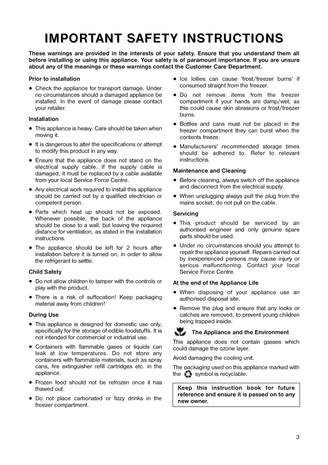 Tricity Bendix TB 116 FF, TB 090 FF installation instructions Important Safety Instructions 